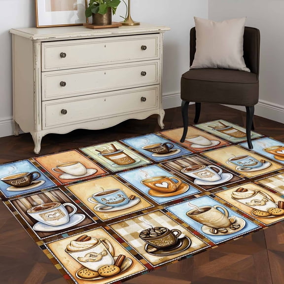 3'x5' Area Rugs, Watercolor Coffee Indoor Outdoor Area Rug for Living Room Bedroom, Retro Coffee Patchwork Washable Bathroom Rugs Kitchen Floor Carpet Mats Home Decor Aesthetic