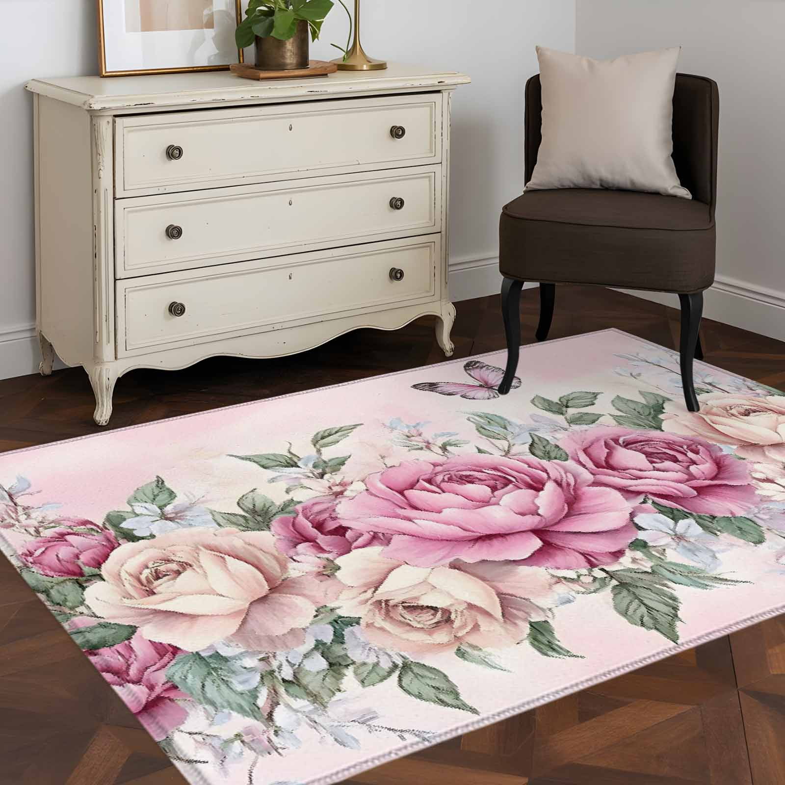 3'x5' Area Rugs, Watercolor Pink Floral Indoor Outdoor Area Rug for ...