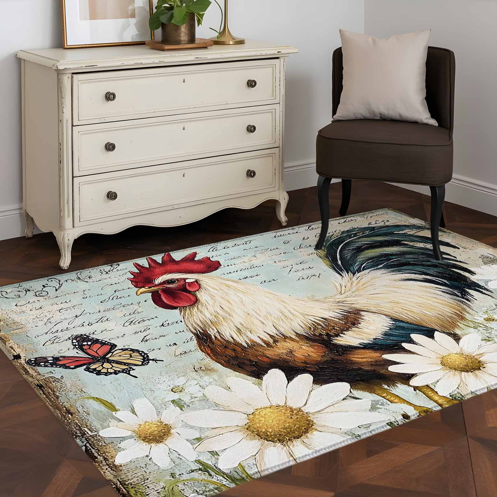 Rooster Design Rugs 3'x5' Area Rugs, White Spring Floral Rooster Indoor Outdoor Area Rug ...