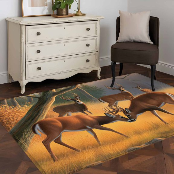 3'x5' Area Rugs, Wild Elk Forest Indoor Outdoor Area Rug for Living Room Bedroom, Autumn Grass Trees Animals Oil Painting Washable Bathroom Rugs Kitchen Floor Carpet Mats Home Decor Aesthetic