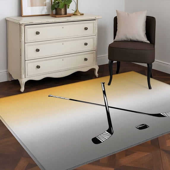 3'x5' Area Rugs, Yellow Gray Ombre Indoor Outdoor Area Rug for Living Room Bedroom, Black Hockey Sticks Minimalist Style Washable Bathroom Rugs Kitchen Floor Carpet Mats Home Decor Aesthetic