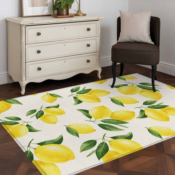 3'x5' Area Rugs, Yellow Lemons Indoor Outdoor Area Rug for Living Room Bedroom, Summer Citrus Fruits Leaves Country Vintage Washable Bathroom Rugs Kitchen Floor Carpet Mats Home Decor Aesthetic