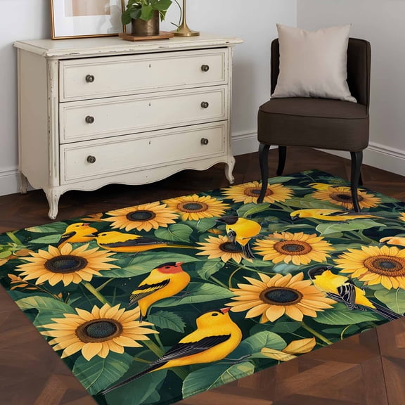 3'x5' Area Rugs, Yellow Sunflower Birds Indoor Outdoor Area Rug for Living Room Bedroom, Spring Leaves Retro Country Washable Bathroom Rugs Kitchen Floor Carpet Mats Home Decor Aesthetic