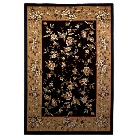 3'x5' Black Beige Machine Woven Floral Vines Indoor Area Rug