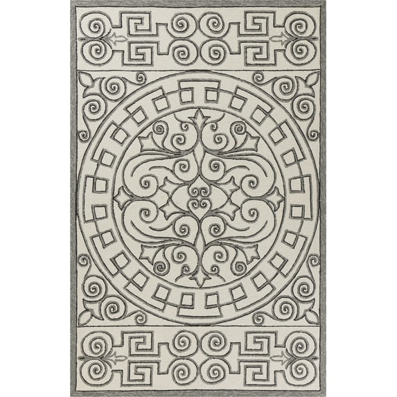 3'x5' Ivory Grey Hand Hooked UV Treated Greek Key Medallion Indoor Outdoor Area Rug