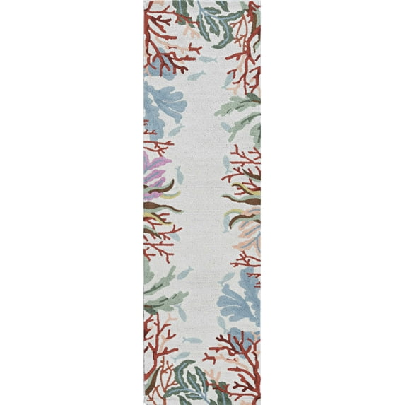 3'x5' Ivory Hand Hooked Bordered Coral Reef Indoor Area Rug