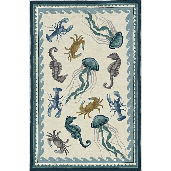 3'x5' Ivory Teal Hand Hooked UV Treated Coastal Sea Life Indoor Outdoor Area Rug