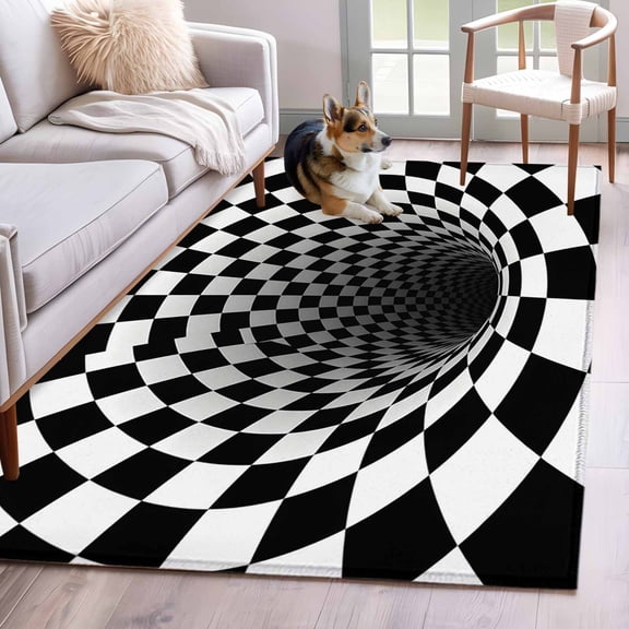3'x5' Rug for Living Room Bedroom, 3D Optical Illusion Washable Area Rugs Non-Slip Carpet Mats, Black White Checkered Gingham Plaid Vortex Indoor Low Pile Area Rug Runner for Kitchen, Mudroom