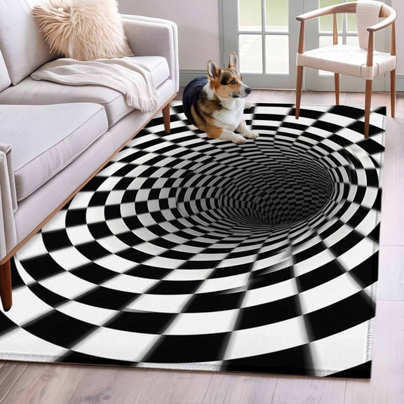 3'x5' Rug for Living Room Bedroom, 3D Optical Illusion Washable Area Rugs Non-Slip Carpet Mats, Black White Checkered Plaid Visual Trap Indoor Low Pile Area Rug Runner for Kitchen, Mudroom