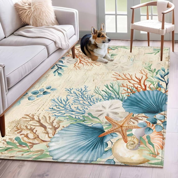 3'x5' Rug for Living Room Bedroom, Beige Beach Coastal Washable Area Rugs Non-Slip Carpet Mats, Summer Nautical Coral Shell Botanical Indoor Low Pile Area Rug Runner for Kitchen, Mudroom