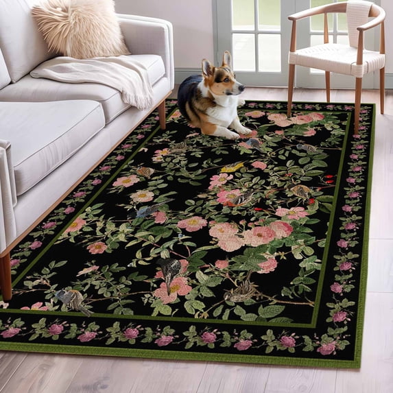 3'x5' Rug for Living Room Bedroom, Black Spring Floral Washable Area Rugs Non-Slip Carpet Mats, Elegant Pastoral Flowers Birds Retro Art Indoor Low Pile Area Rug Runner for Kitchen, Mudroom