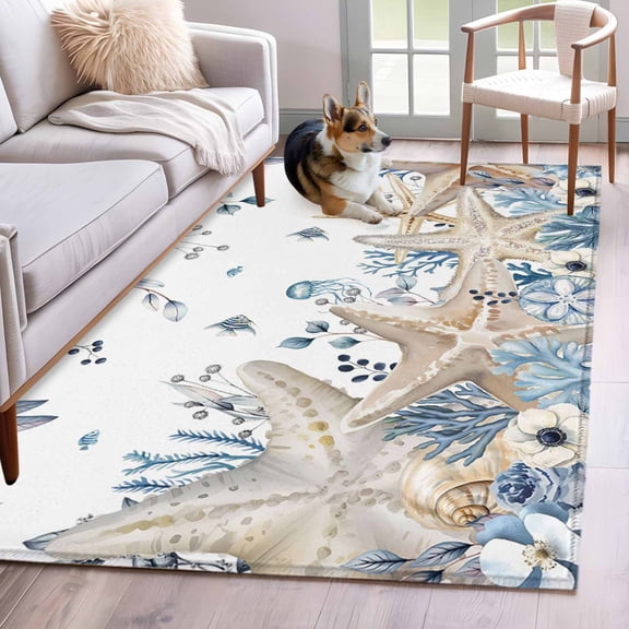 3'x5' Rug for Living Room Bedroom, Blue Beige Coastal Washable Area Rugs Non-Slip Carpet Mats, Beach Starfish Summer Eucalyptus Indoor Low Pile Area Rug Runner for Kitchen, Mudroom
