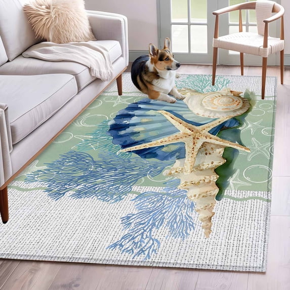 3'x5' Rug for Living Room Bedroom, Blue Coastal Starfish Washable Area Rugs Non-Slip Carpet Mats, Grey Sage Green Nautical Coral Summer Indoor Low Pile Area Rug Runner for Kitchen, Mudroom