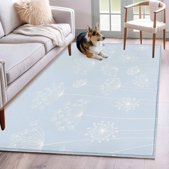 3'x5' Rug for Living Room Bedroom, Blue Dandelion Washable Area Rugs Non-Slip Carpet Mats, Spring Modern Minimalist Country Flower Indoor Low Pile Area Rug Runner for Kitchen, Mudroom