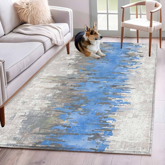 3'x5' Rug for Living Room Bedroom, Blue Grey Abstract Washable Area Rugs Non-Slip Carpet Mats, Gradient Geometric Graffiti Modern Art Indoor Low Pile Area Rug Runner for Kitchen, Mudroom