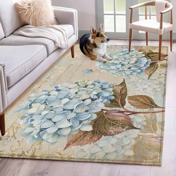 3'x5' Rug for Living Room Bedroom, Blue Hydrangea Washable Area Rugs Non-Slip Carpet Mats, Flowers Leaves Butterfly Retro Khaki Indoor Low Pile Area Rug Runner for Kitchen, Mudroom