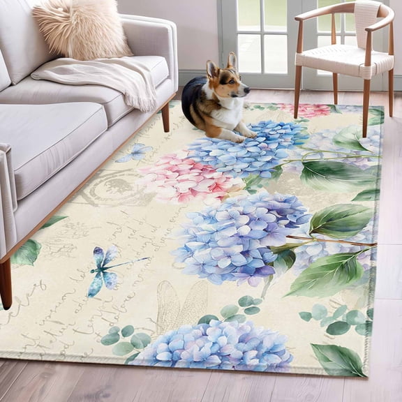 3'x5' Rug for Living Room Bedroom, Blue Hydrangea Washable Area Rugs Non-Slip Carpet Mats, Pink Flowers Spring Botanical Country Plants Indoor Low Pile Area Rug Runner for Kitchen, Mudroom