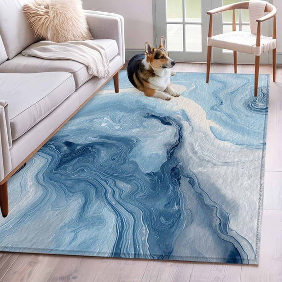 3'x5' Rug for Living Room Bedroom, Blue Marble Washable Area Rugs Non-Slip Carpet Mats, Summer Ocean Wave Blue Ombre Indoor Low Pile Area Rug Runner for Kitchen, Mudroom