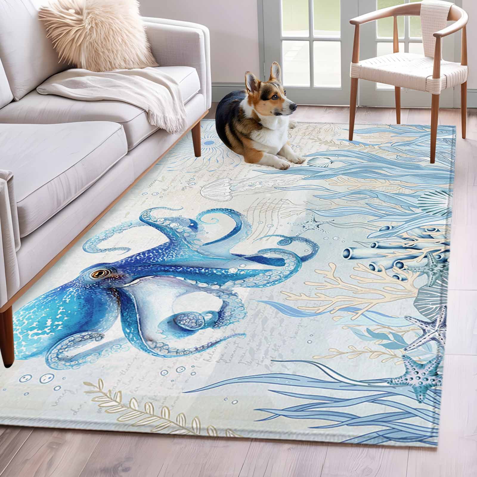 3'x5' Rug for Living Room Bedroom, Blue Octopus Coastal Washable Area ...