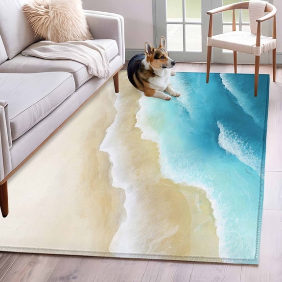 3'x5' Rug for Living Room Bedroom, Blue Ombre Beach Washable Area Rugs Non-Slip Carpet Mats, Ocean Coastal Gradient Waves Summer Indoor Low Pile Area Rug Runner for Kitchen, Mudroom