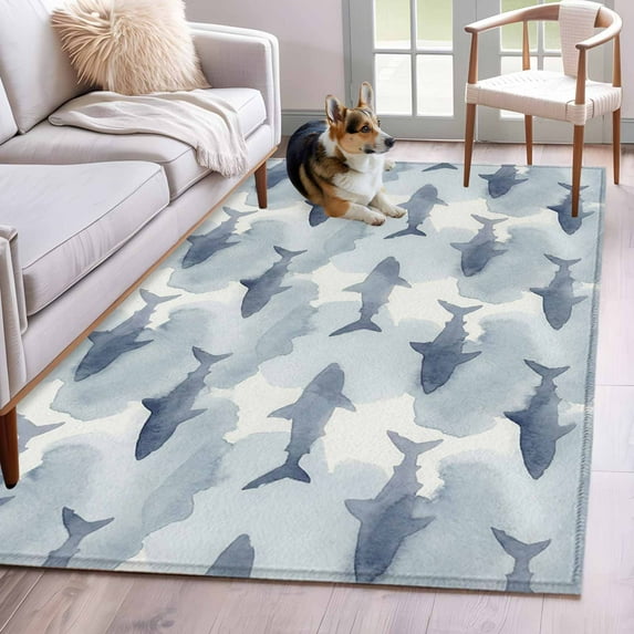 3'x5' Rug for Living Room Bedroom, Blue Sharks Coastal Washable Area Rugs Non-Slip Carpet Mats, Summer Beach Ocean Nautical Indoor Low Pile Area Rug Runner for Kitchen, Mudroom