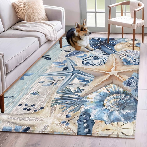 3'x5' Rug for Living Room Bedroom, Blue Starfish Coastal Washable Area Rugs Non-Slip Carpet Mats, Eucalyptus Summer Nautical Shell Vintage Indoor Low Pile Area Rug Runner for Kitchen, Mudroom