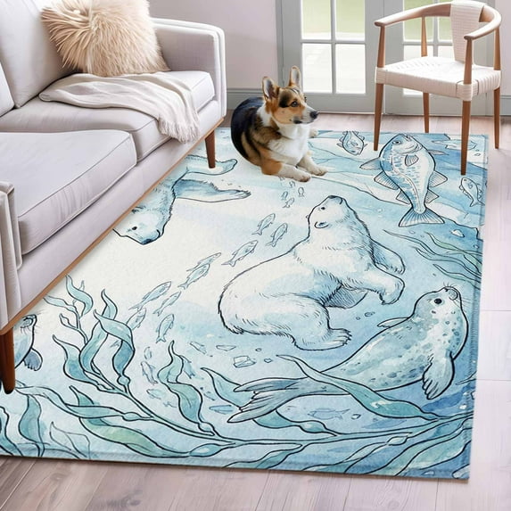 3'x5' Rug for Living Room Bedroom, Blue Teal Coastal Washable Area Rugs Non-Slip Carpet Mats, Nautical Beach Botanical Bears Fish Indoor Low Pile Area Rug Runner for Kitchen, Mudroom