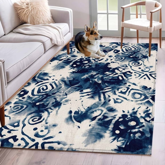 3'x5' Rug for Living Room Bedroom, Blue Tie-dye Washable Area Rugs Non-Slip Carpet Mats, Vintage Rustic Abstract Painting Art Indoor Low Pile Area Rug Runner for Kitchen, Mudroom