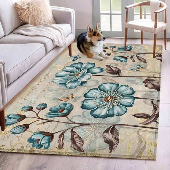 3'x5' Rug for Living Room Bedroom, Blue Tulip Washable Area Rugs Non-Slip Carpet Mats, Vintage Flowers Leaves Butterfly Khaki Rustic Indoor Low Pile Area Rug Runner for Kitchen, Mudroom