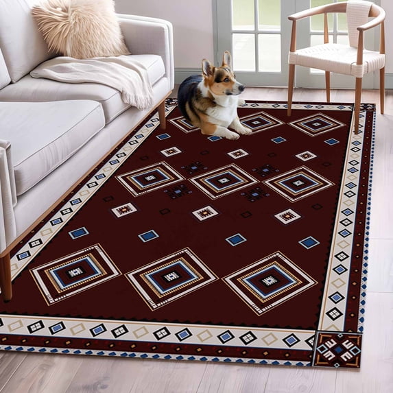 3'x5' Rug for Living Room Bedroom, Brown Boho Washable Area Rugs Non-Slip Carpet Mats, Retro Farmhouse Abstract Geometric Ethnic Art Indoor Low Pile Area Rug Runner for Kitchen, Mudroom