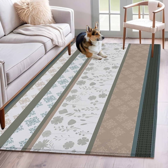 3'x5' Rug for Living Room Bedroom, Brown Geometric Washable Area Rugs Non-Slip Carpet Mats, Stripes Boho Spring Flowers Pastoral Country Indoor Low Pile Area Rug Runner for Kitchen, Mudroom