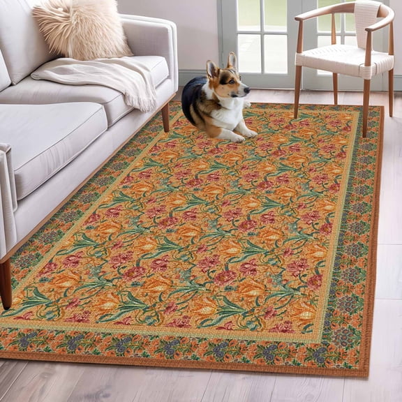 3'x5' Rug for Living Room Bedroom, Brown Red Floral Boho Washable Area Rugs Non-Slip Carpet Mats, Vintage Ethnic Tribe Abstract Art Indoor Low Pile Area Rug Runner for Kitchen, Mudroom