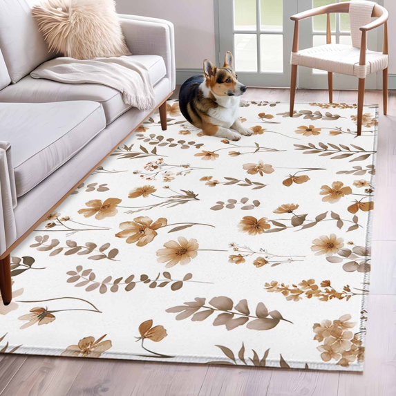 3'x5' Rug for Living Room Bedroom, Brown Spring Floral Washable Area Rugs Non-Slip Carpet Mats, Flowers Leaves Elegant Pastoral Indoor Low Pile Area Rug Runner for Kitchen, Mudroom
