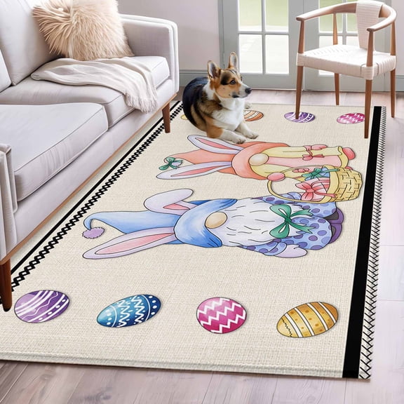 3'x5' Rug for Living Room Bedroom, Bunny Gnomes Easter Washable Area Rugs Non-Slip Carpet Mats, Eggs Rabbits Farmhouse Indoor Low Pile Area Rug Runner for Kitchen, Mudroom
