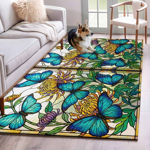 3'x5' Rug for Living Room Bedroom, Butterflies Flowers Washable Area Rugs Non-Slip Carpet Mats, Vintage Watercolor Animal Floral Plant Indoor Low Pile Area Rug Runner for Kitchen, Mudroom