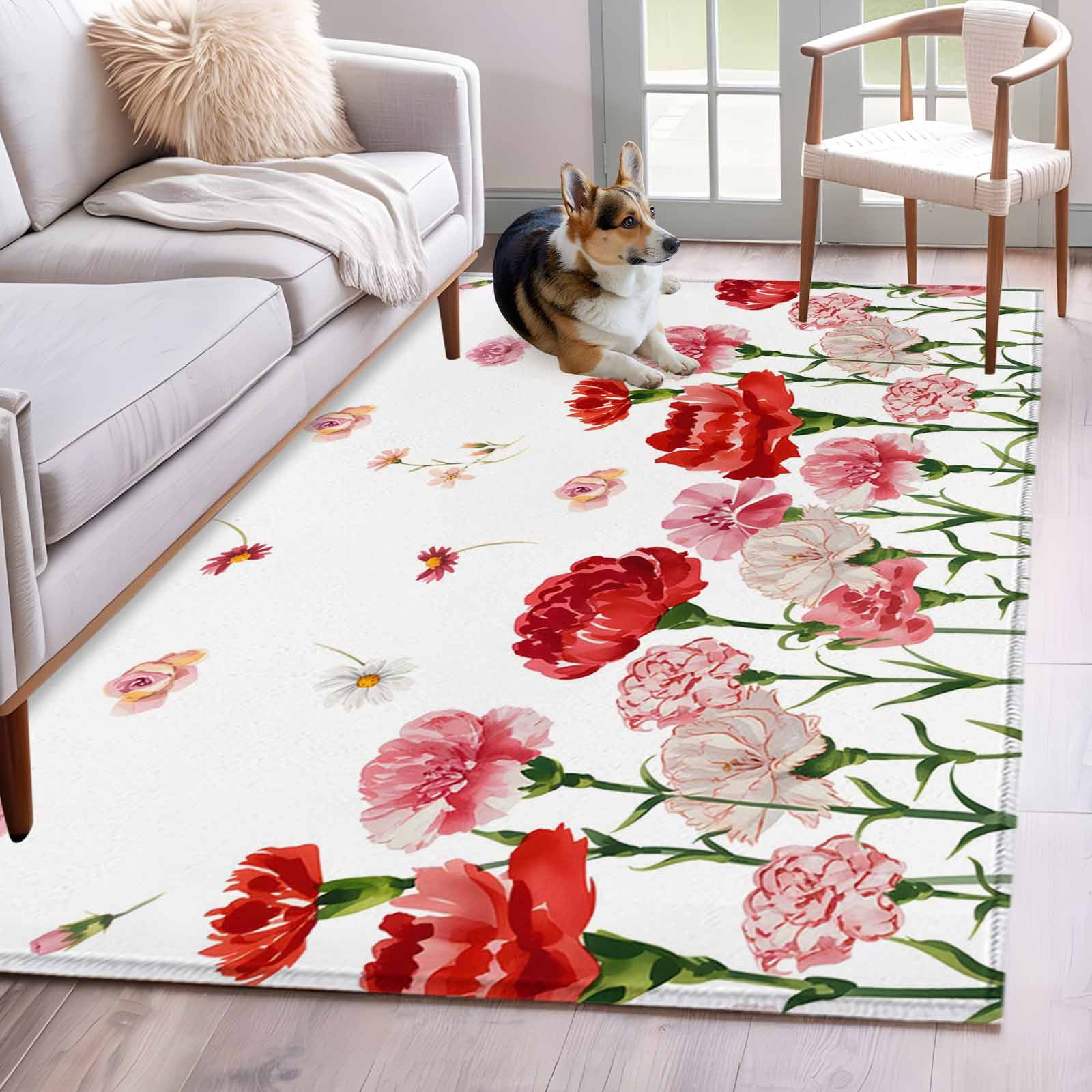 3'x5' Rug for Living Room Bedroom, Carnation Flower Washable Area Rugs ...
