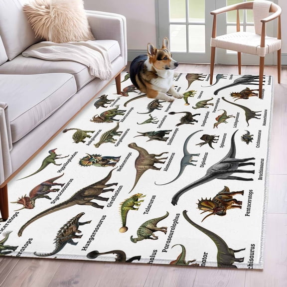 3'x5' Rug for Living Room Bedroom, Cartoon Dinosaurs Washable Area Rugs Non-Slip Carpet Mats, Natural Primitive Wild Animals Names Indoor Low Pile Area Rug Runner for Kitchen, Mudroom