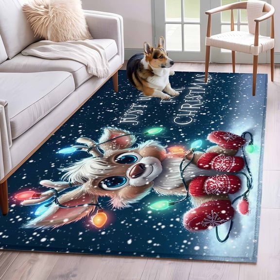 3'x5' Rug for Living Room Bedroom, Christmas Elk Washable Area Rugs Non-Slip Carpet Mats, Fantasy Xmas Snowflakes Winter Blue Indoor Low Pile Area Rug Runner for Kitchen, Mudroom