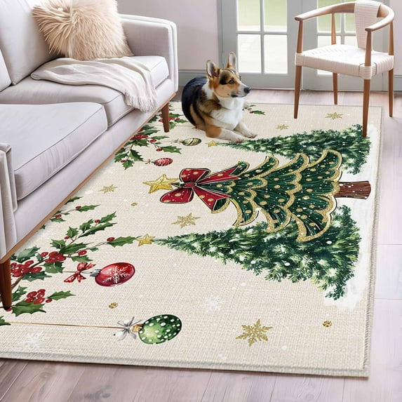 3'x5' Rug for Living Room Bedroom, Christmas Tree Washable Area Rugs Non-Slip Carpet Mats, Country Winter Ball Berry Gold Snowflakes Indoor Low Pile Area Rug Runner for Kitchen, Mudroom