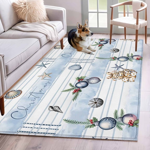 3'x5' Rug for Living Room Bedroom, Christmas Washable Area Rugs Non-Slip Carpet Mats, Xmas Pine Cones Starfish Conch Gifts Light Blue Indoor Low Pile Area Rug Runner for Kitchen, Mudroom