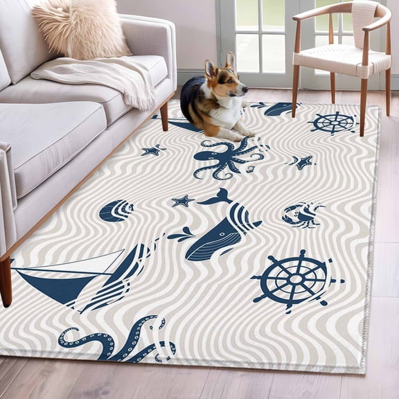 3'x5' Rug for Living Room Bedroom, Coastal Nautical Washable Area Rugs Non-Slip Carpet Mats, Summer Ocean Octopus Starfish Grey Wave Indoor Low Pile Area Rug Runner for Kitchen, Mudroom