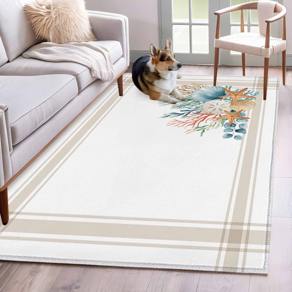 3'x5' Rug for Living Room Bedroom, Coastal Starfish Washable Area Rugs Non-Slip Carpet Mats, Nautical Shells Coral Eucalyptus Stripes Indoor Low Pile Area Rug Runner for Kitchen, Mudroom