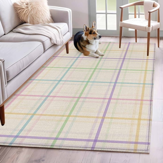 3'x5' Rug for Living Room Bedroom, Colorful Geometric Plaid Washable Area Rugs Non-Slip Carpet Mats, Simple Vintage Grid Beige Indoor Low Pile Area Rug Runner for Kitchen, Mudroom