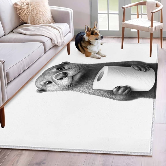 3'x5' Rug for Living Room Bedroom, Cute Otter Washable Area Rugs Non-Slip Carpet Mats, Funny Animal with Toilet Paper Indoor Low Pile Area Rug Runner for Kitchen, Mudroom