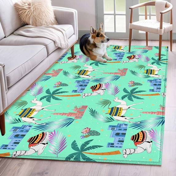 3'x5' Rug for Living Room Bedroom, Desert Camels Washable Area Rugs Non-Slip Carpet Mats, Cute Animals Houses Palm Trees Leaves Green Indoor Low Pile Area Rug Runner for Kitchen, Mudroom