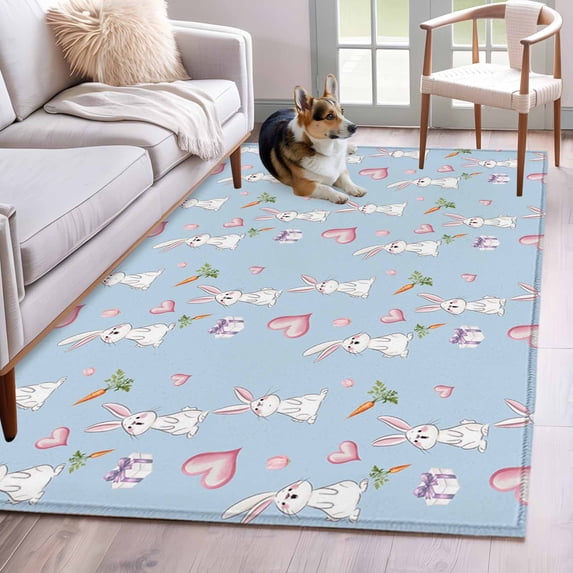 3'x5' Rug for Living Room Bedroom, Easter Bunny Washable Area Rugs Non-Slip Carpet Mats, Spring Carrots Cute Rabbit Pink Love Heart Blue Indoor Low Pile Area Rug Runner for Kitchen, Mudroom