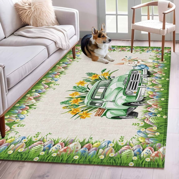 3'x5' Rug for Living Room Bedroom, Easter Bunny Washable Area Rugs Non-Slip Carpet Mats, Spring Trucks Easter Eggs Floral Burlap Indoor Low Pile Area Rug Runner for Kitchen, Mudroom