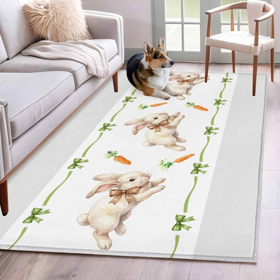 3'x5' Rug for Living Room Bedroom, Easter Bunny Washable Area Rugs Non-Slip Carpet Mats, Spring Watercolor Carrot Modern Art Indoor Low Pile Area Rug Runner for Kitchen, Mudroom