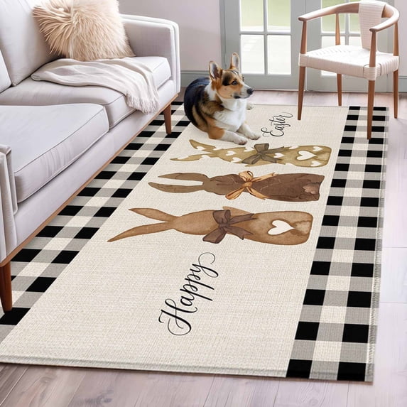 3'x5' Rug for Living Room Bedroom, Easter Bunny Washable Area Rugs Non-Slip Carpet Mats, Vintage Rabbits Bow Black Plaid Indoor Low Pile Area Rug Runner for Kitchen, Mudroom