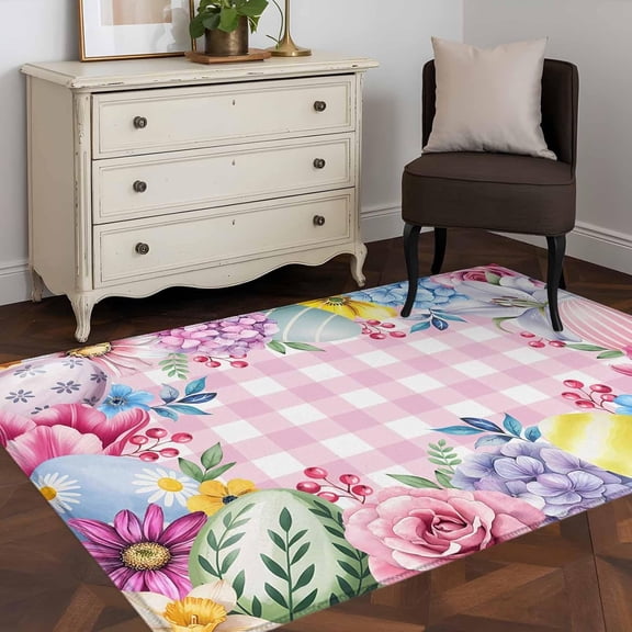 3''x5'' Rug for Living Room Bedroom, Easter Flowers Washable Area Rugs Non-Slip Carpet Mats, Eggs Spring Floral Rustic Pink Checkered Indoor Low Pile Area Rug Runner for Kitchen, Mudroom